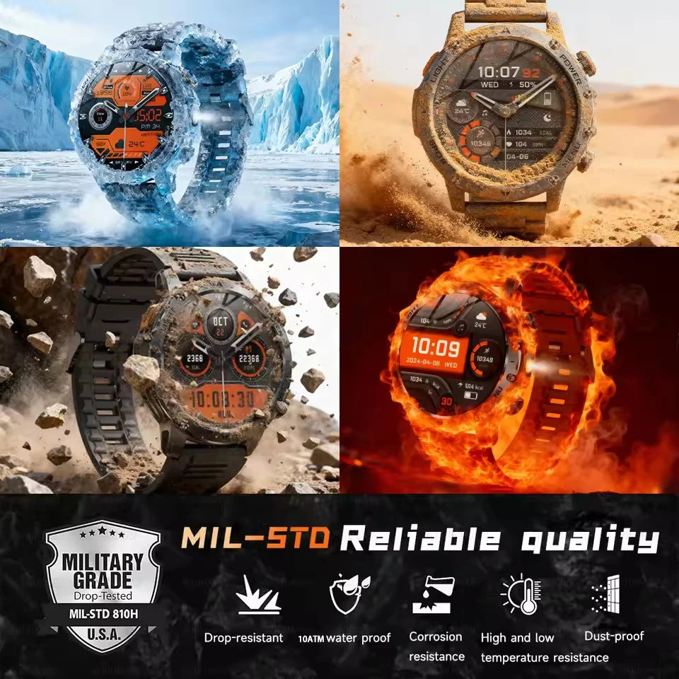2026 New Military Smart Watch 1000Mah Battery Fitness Tracking 10ATM Waterproof Tactics Sport Flashlight call Bracelet For Men