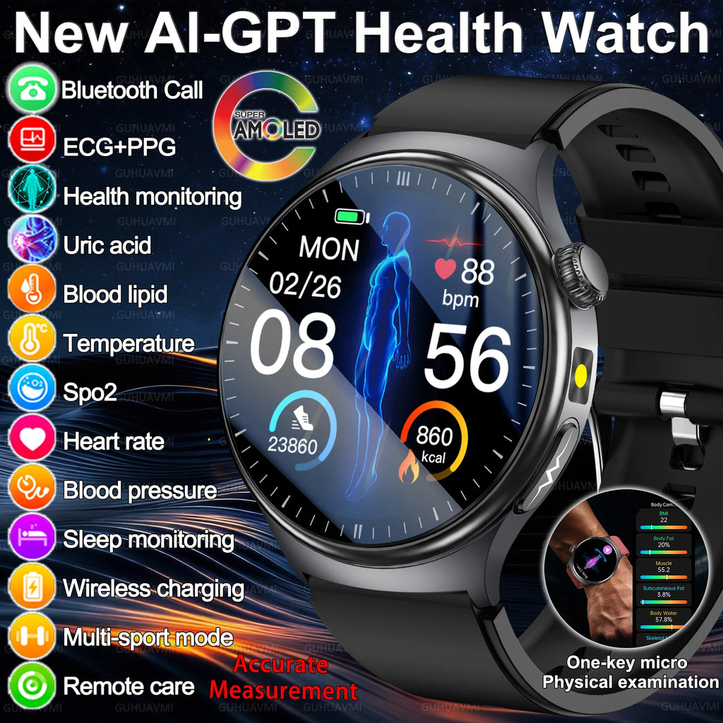 2026 New Accurate Diagnosis Smart Watch Body Fat ECG Blood oxygen BP Health Sport HD AMOLED Screen call Smart watch Men women